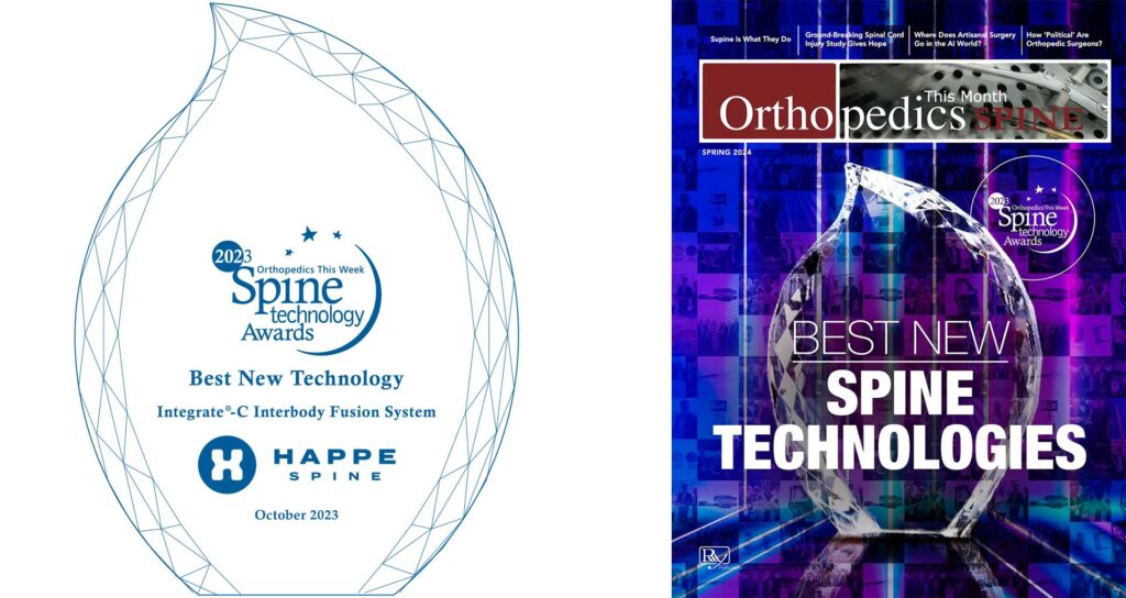 Trophy and magazine cover featuring HAPPE Spine as a best new spine technology